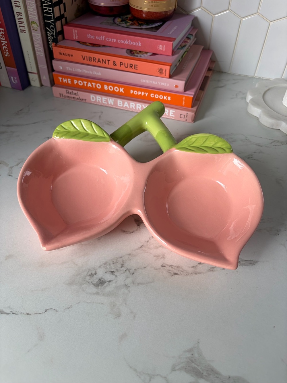 Peach Double Cat Bowl with Green Leaf Accent - Pet Feeding Dish
